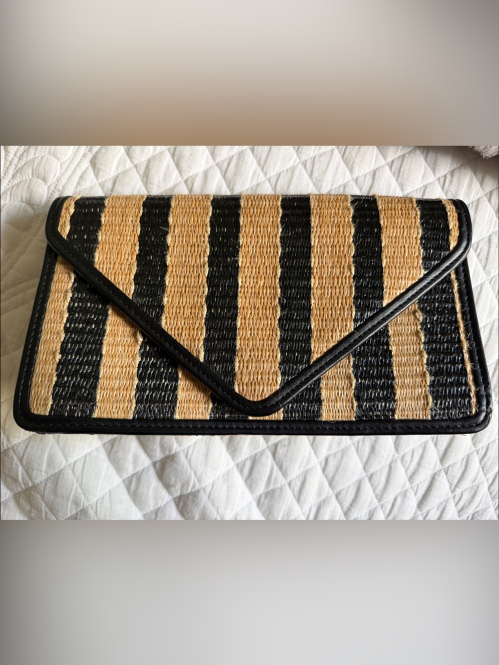 Ann Taylor Black and Natural Striped Woven Envelope Clutch